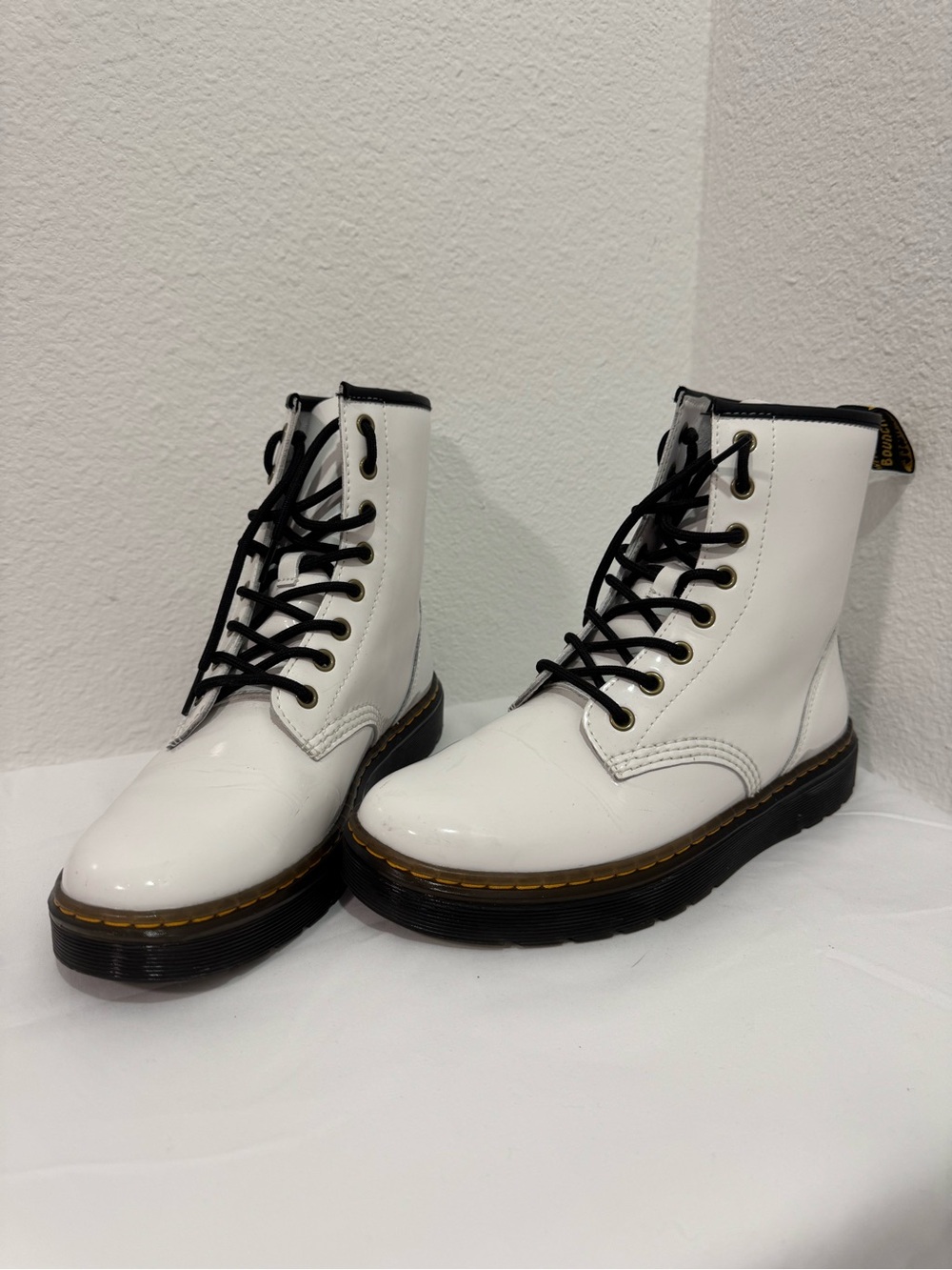 Dr. Martens White Lace-Up Patent Combat Boots with Black Laces